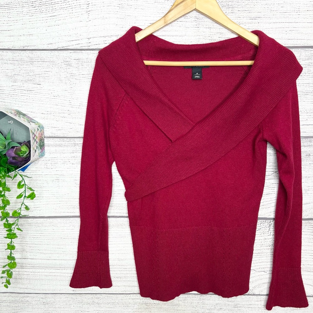 WHBM Red Cashmere Blend Wrapped Wide Collar V Neck Sweater Top Size Small - Picture 1 of 10